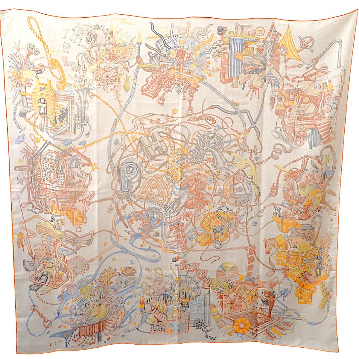 Hermes Carre Geant Large Shawl World of 11 Scarf Cashmere Silk White