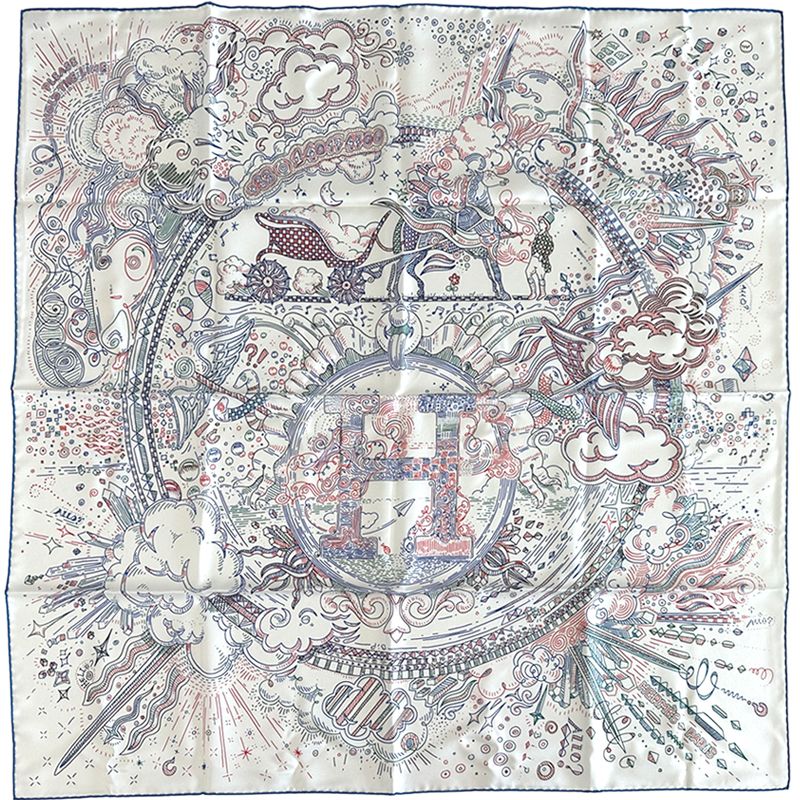 Hermes Scarf Carre 90 Please Hold the Line Silk White Blue Carriage Large