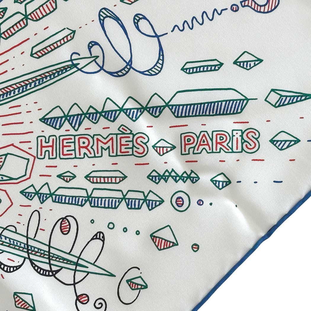 Hermes Scarf Carre 90 Please Hold the Line Silk White Blue Carriage Large — view 3