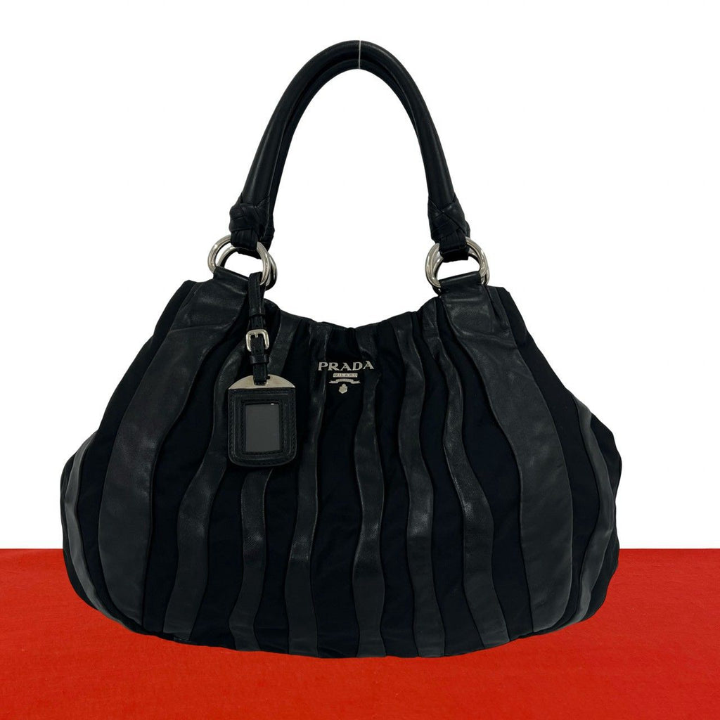 Prada Logo Stripe Tessuto Nylon Nappa Leather Tote Bag Black