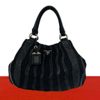 Prada Logo Stripe Tessuto Nylon Nappa Leather Tote Bag Black