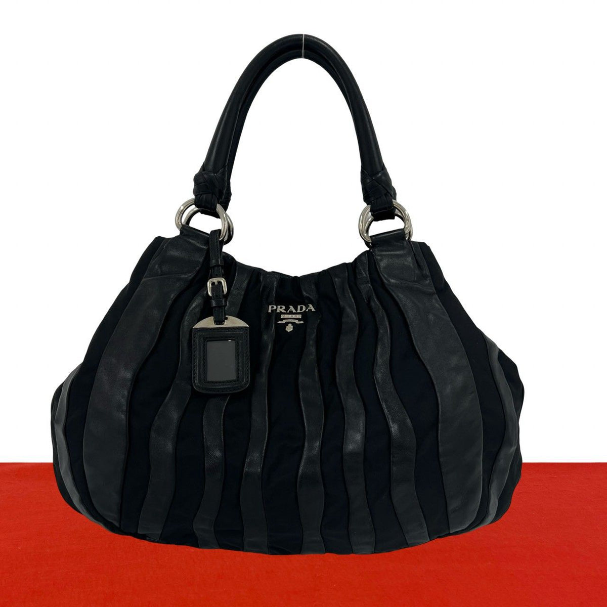 Prada Logo Stripe Tessuto Nylon Nappa Leather Tote Bag Black