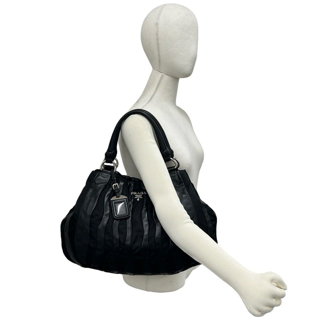 Prada Logo Stripe Tessuto Nylon Nappa Leather Tote Bag Black — view 2