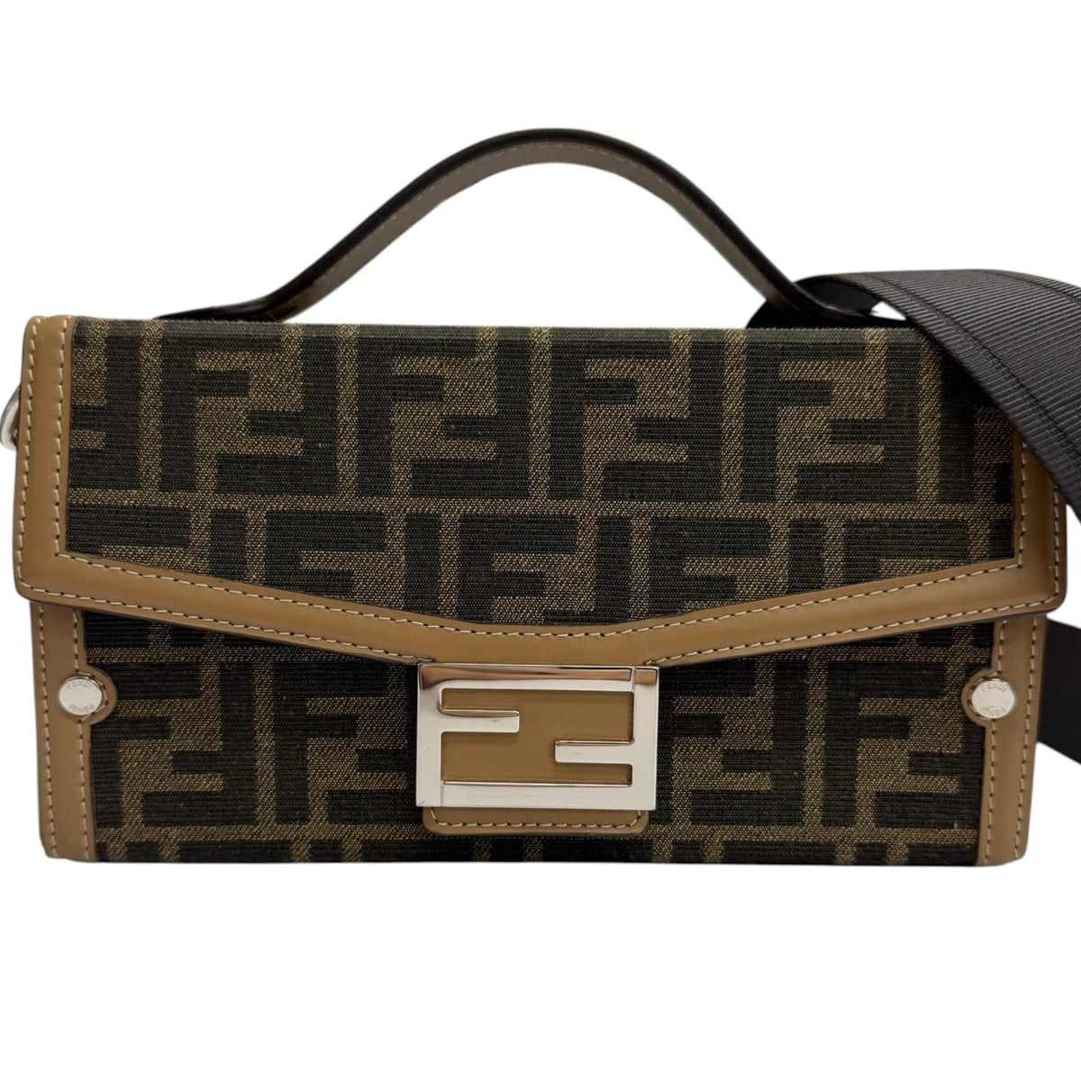 Fendi FF Canvas Leather Zucca Pattern Soft Trunk 2-Way Baguette Bag Brown