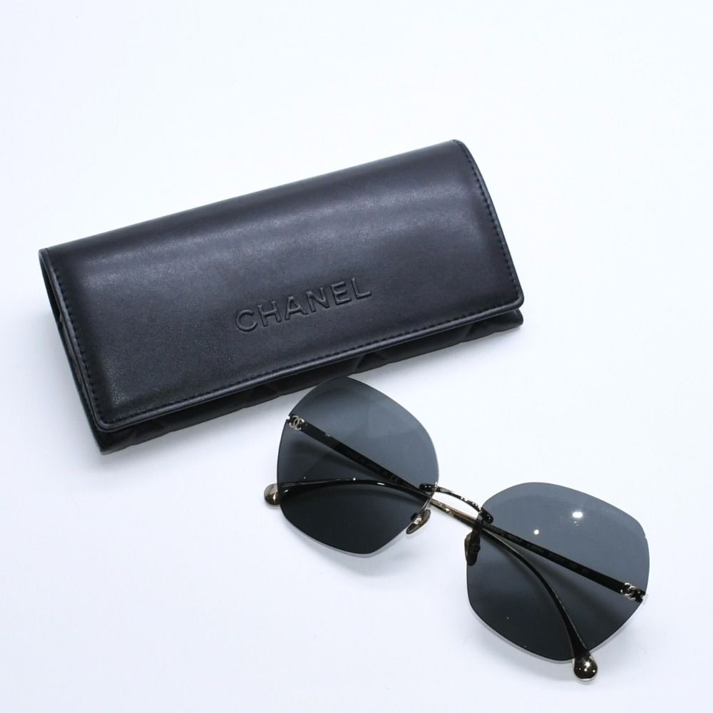 Chanel Rimless Sunglasses Eyewear CC Logo Black Gold