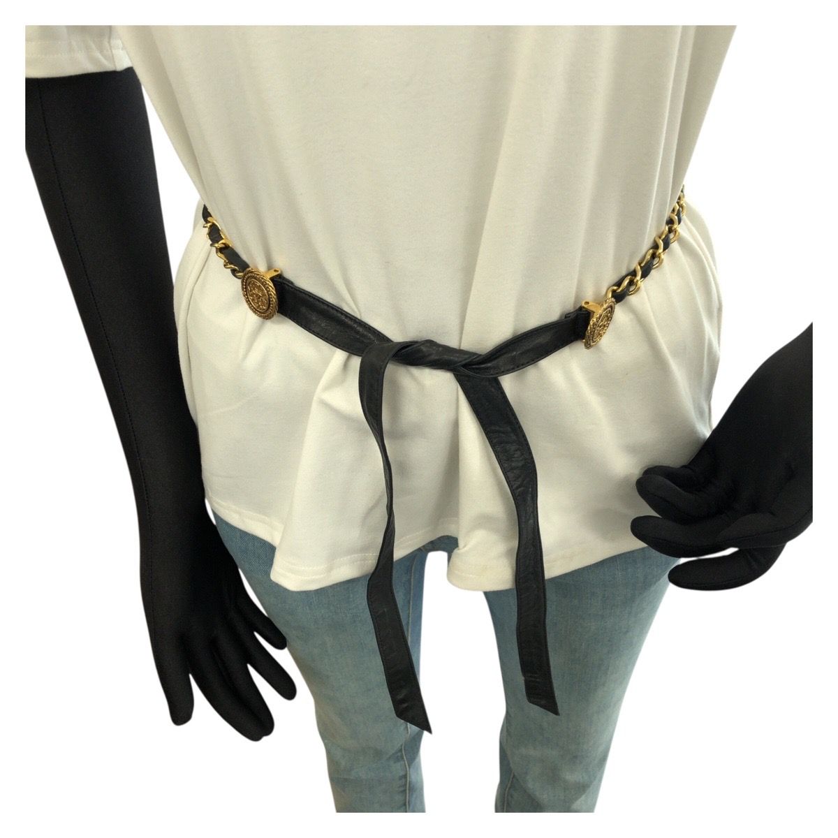 Chanel Ribbon & Chain Belt CC Logo Black Gold Leather Plated — view 5