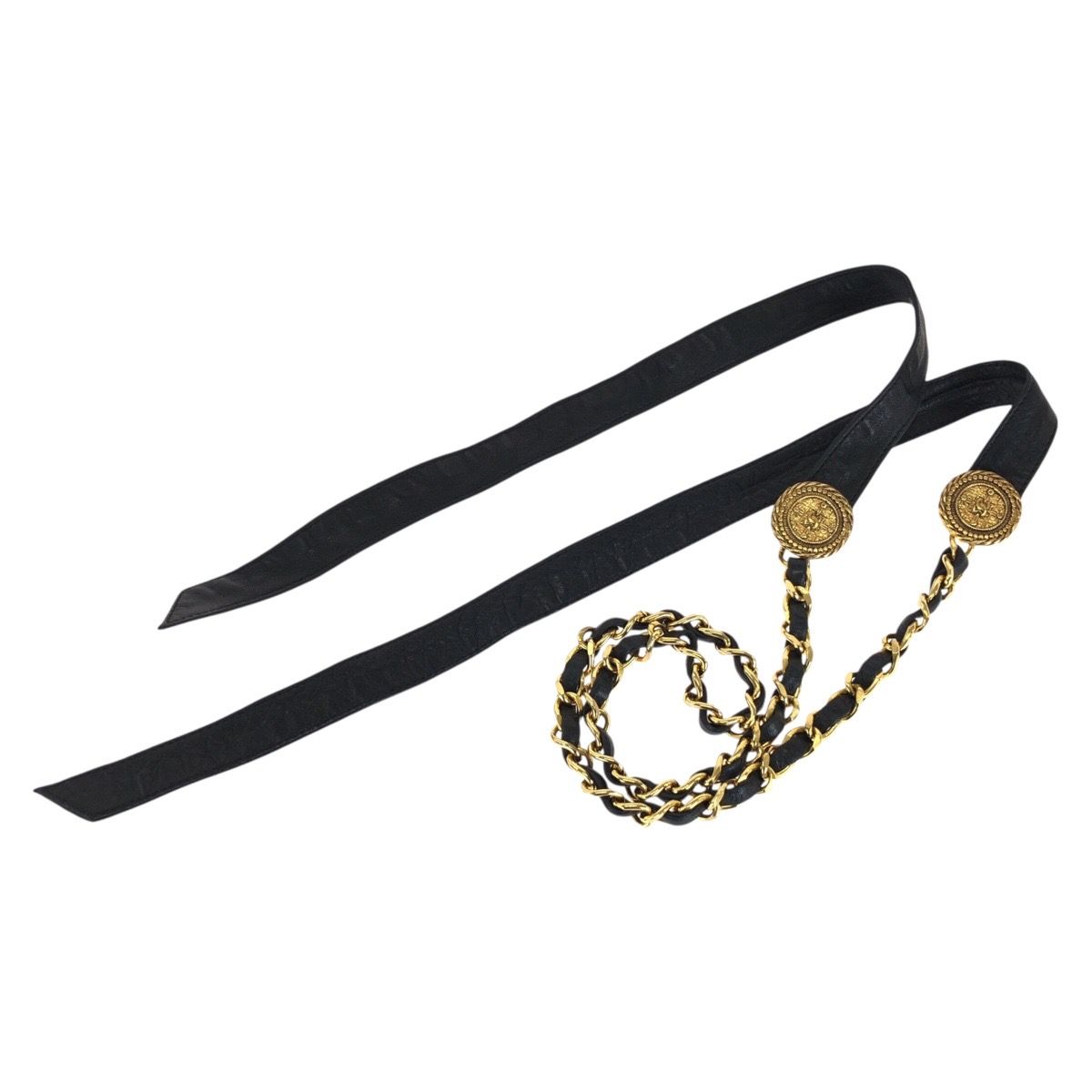 Chanel Ribbon & Chain Belt CC Logo Black Gold Leather Plated