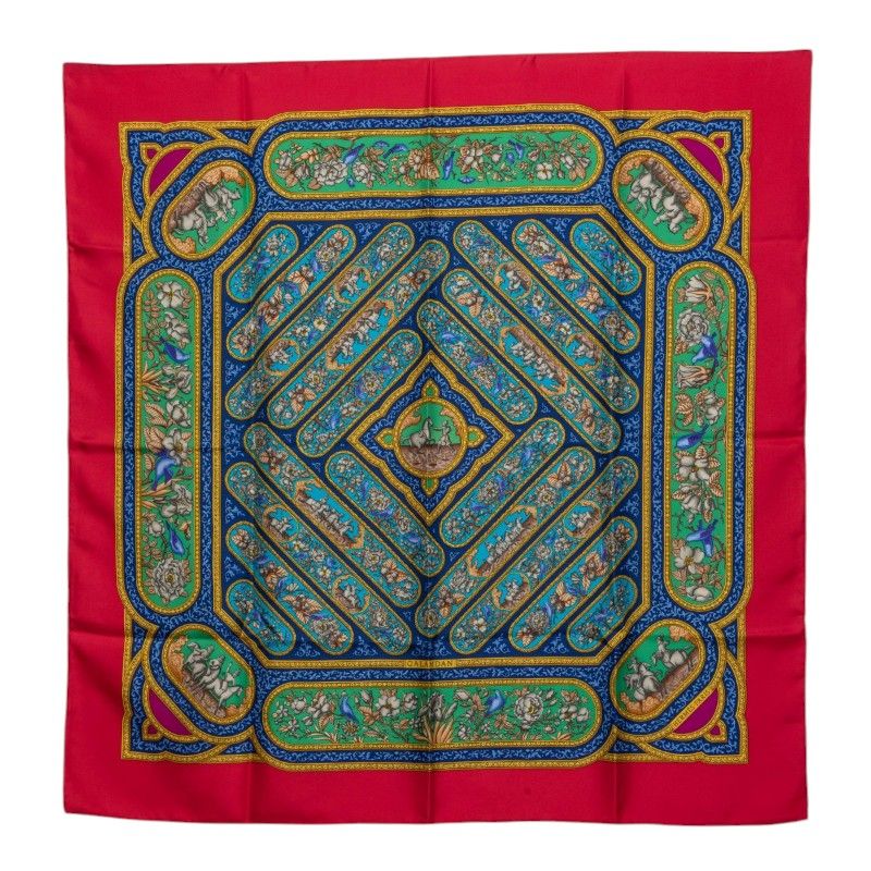 Hermes Carre 90 Karamdan Qalamdan Scarf Large Red Multicolor Silk