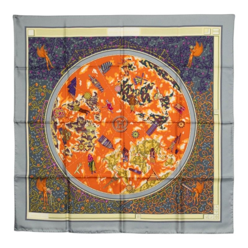 Hermes Carre 90 World Map Scarf Gray Orange Multicolor Silk