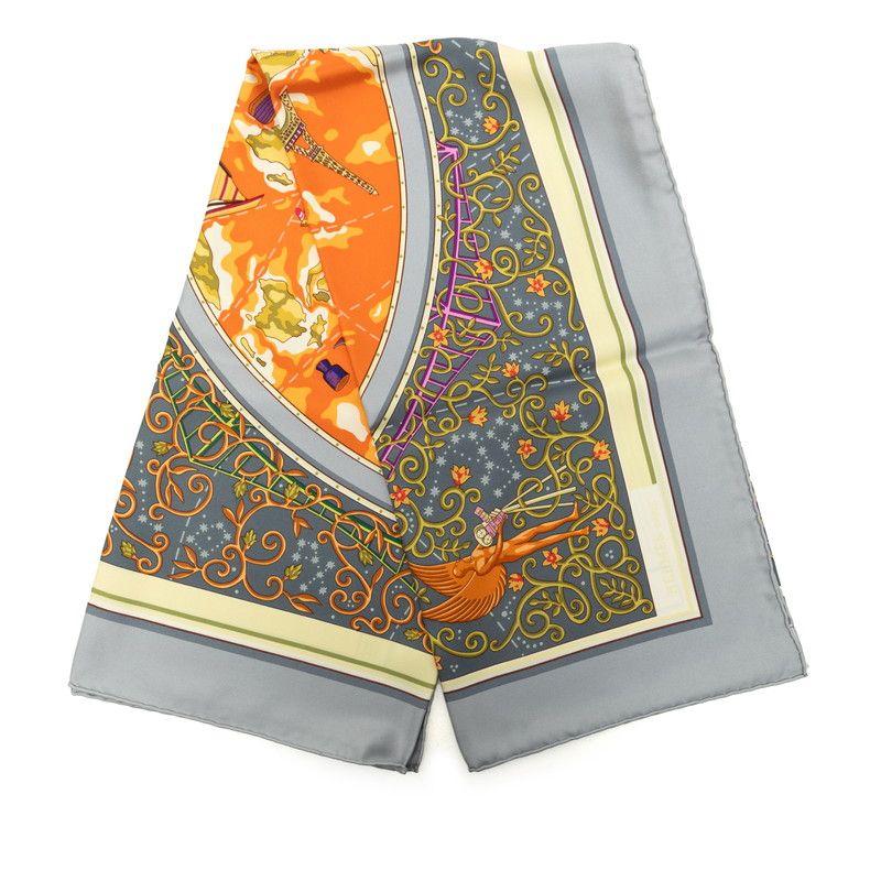 Hermes Carre 90 World Map Scarf Gray Orange Multicolor Silk — view 8