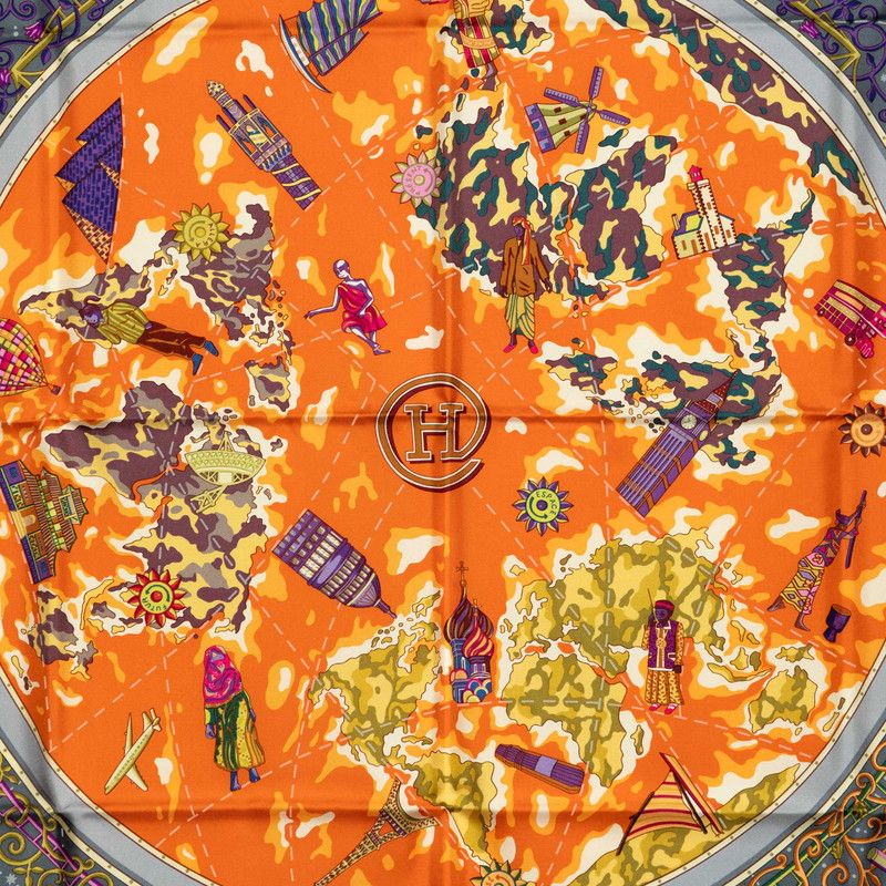Hermes Carre 90 World Map Scarf Gray Orange Multicolor Silk — view 2