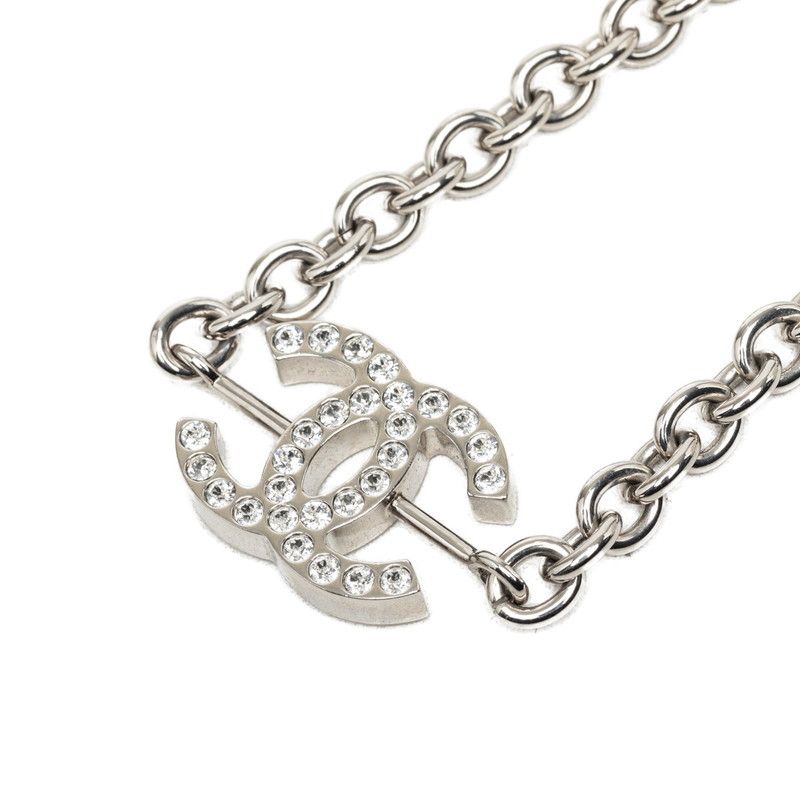 Chanel CC Logo Chain Necklace Silver Metal Rhinestone