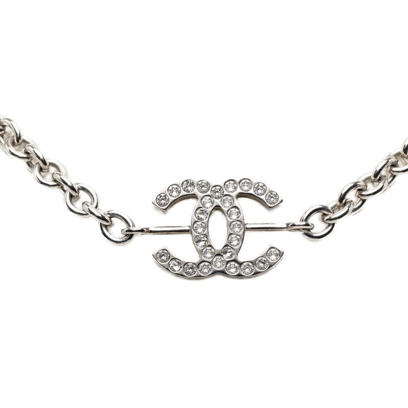 Chanel CC Logo Chain Necklace Silver Metal Rhinestone — view 2