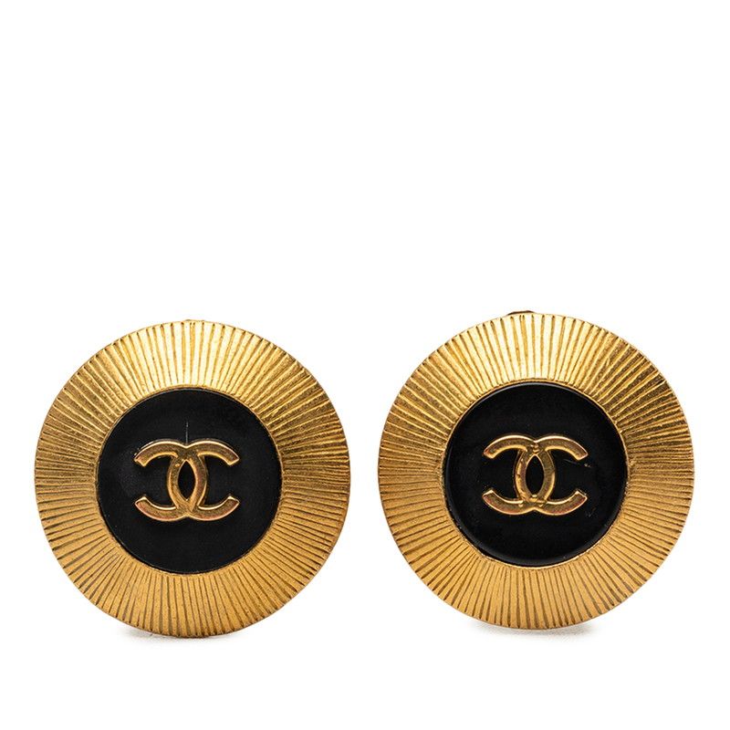 Chanel CC Logo Vintage Earrings 95C Gold Black Plated