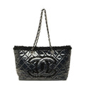 Chanel CC Logo Patent Toilette Chain Tote Shoulder Bag Black Silver Leather