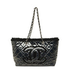 Chanel CC Logo Patent Toilette Chain Tote Shoulder Bag Black Silver Leather