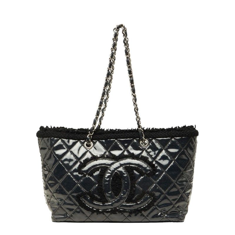 Chanel CC Logo Patent Toilette Chain Tote Shoulder Bag Black Silver Leather