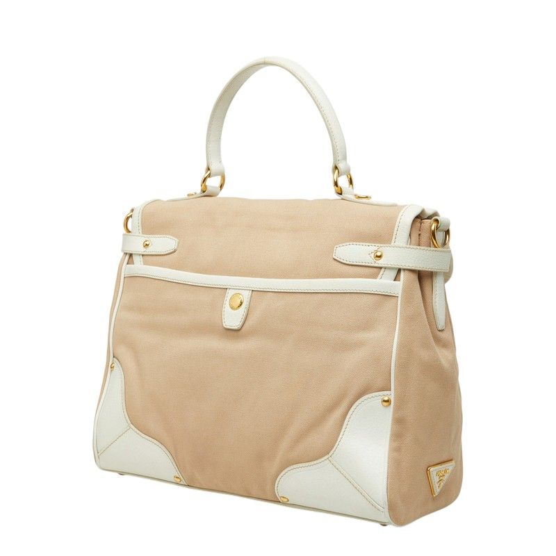 Prada 2-Way Shoulder Bag Beige White Canvas Leather — view 2