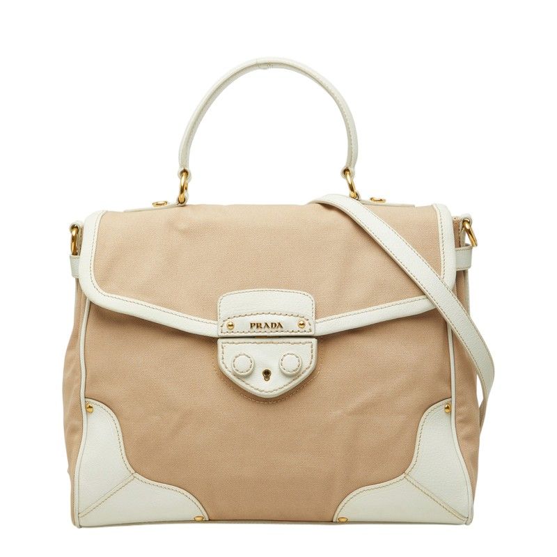 Prada 2-Way Shoulder Bag Beige White Canvas Leather
