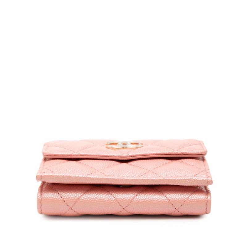 Chanel Quilted CC Logo Trifold Wallet Compact Pink Caviar Leather — view 3