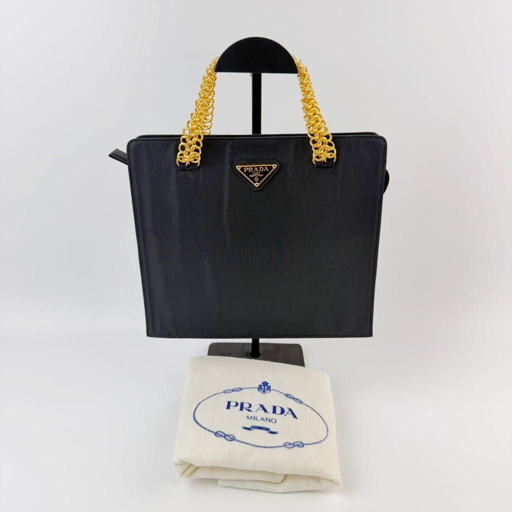 Prada Tessuto Triangle Logo Chain Handle Handbag Nylon Black Gold Vintage