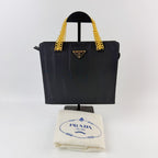 Prada Tessuto Triangle Logo Chain Handle Handbag Nylon Black Gold Vintage
