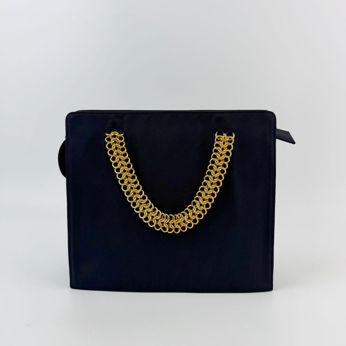 Prada Tessuto Triangle Logo Chain Handle Handbag Nylon Black Gold Vintage — view 3