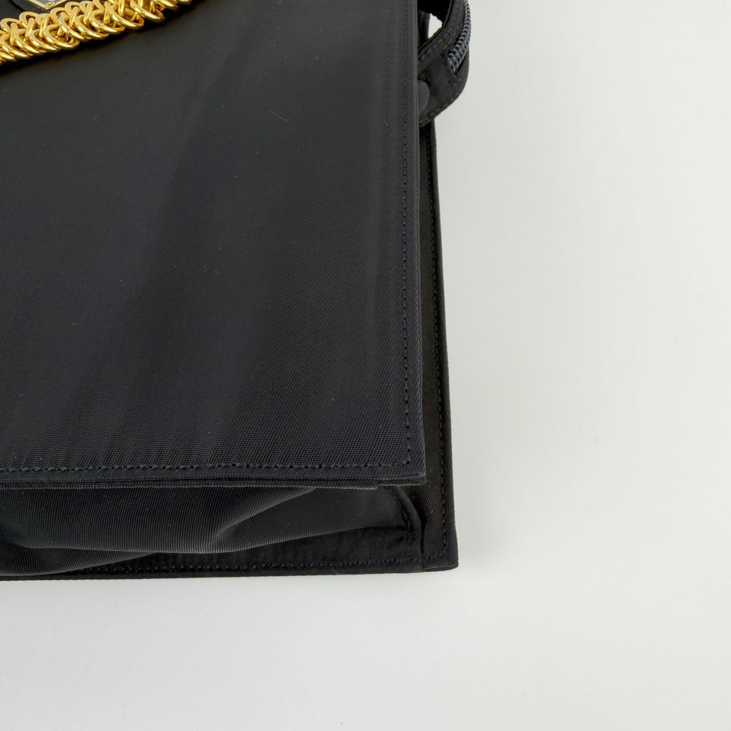 Prada Tessuto Triangle Logo Chain Handle Handbag Nylon Black Gold Vintage — view 8