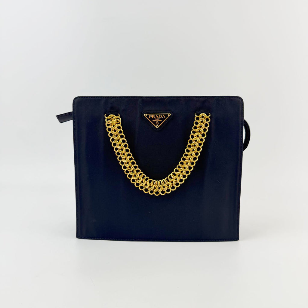 Prada Tessuto Triangle Logo Chain Handle Handbag Nylon Black Gold Vintage — view 2