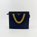 Prada Tessuto Triangle Logo Chain Handle Handbag Nylon Black Gold Vintage — view 2