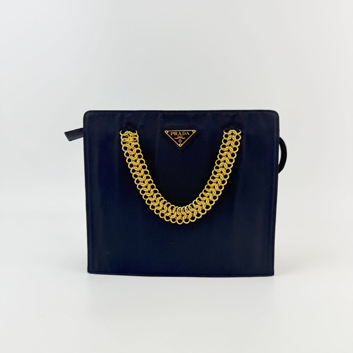 Prada Tessuto Triangle Logo Chain Handle Handbag Nylon Black Gold Vintage — view 2