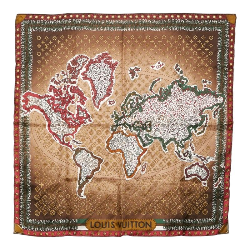 Louis Vuitton Carre Monogram Map Scarf Brown Multicolor Silk