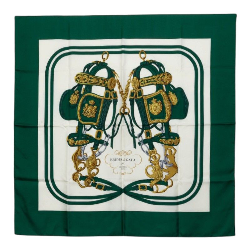 Hermes Carre 90 Brides de Gala Ceremonial Bridle Scarf Large Format Green