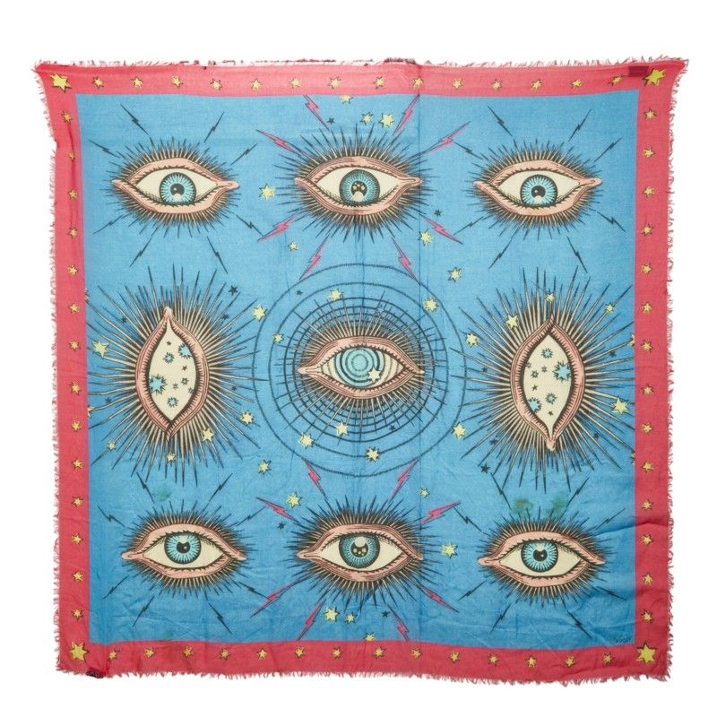 Gucci Eye Motif Shawl Large Blue Multicolor Rayon Silk Scarf