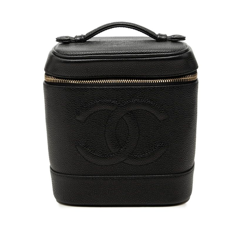 Chanel CC Logo Vanity Bag Handbag Black Gold Caviar Leather