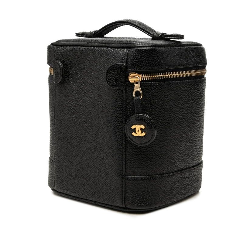 Chanel CC Logo Vanity Bag Handbag Black Gold Caviar Leather — view 2