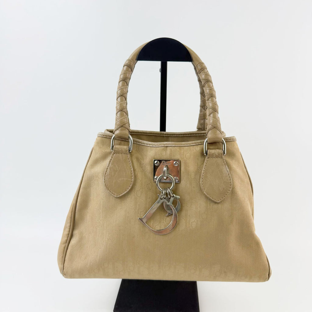 Dior Trotter Braided Handle D Charm Handbag Canvas Beige Vintage