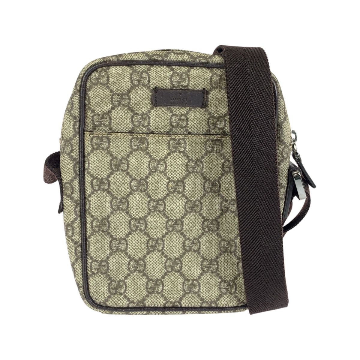 Gucci GG Supreme Shoulder Bag Pochette Beige Brown Silver Canvas Leather