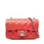 Chanel Quilted CC Logo Chain Shoulder Bag Pochette Red Silver Lambskin
