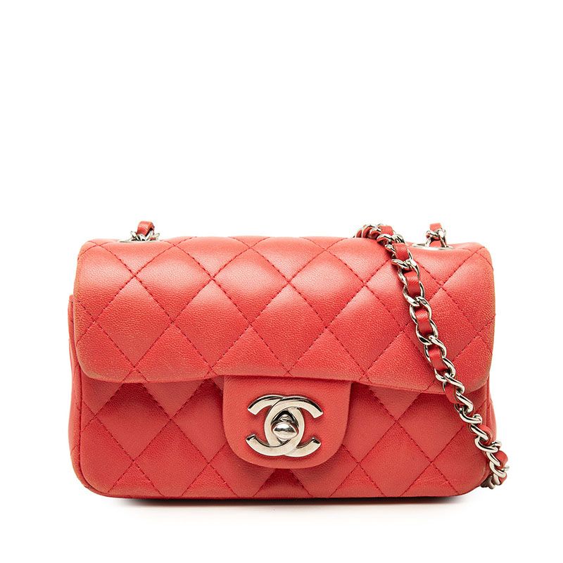 Chanel Quilted CC Logo Chain Shoulder Bag Pochette Red Silver Lambskin