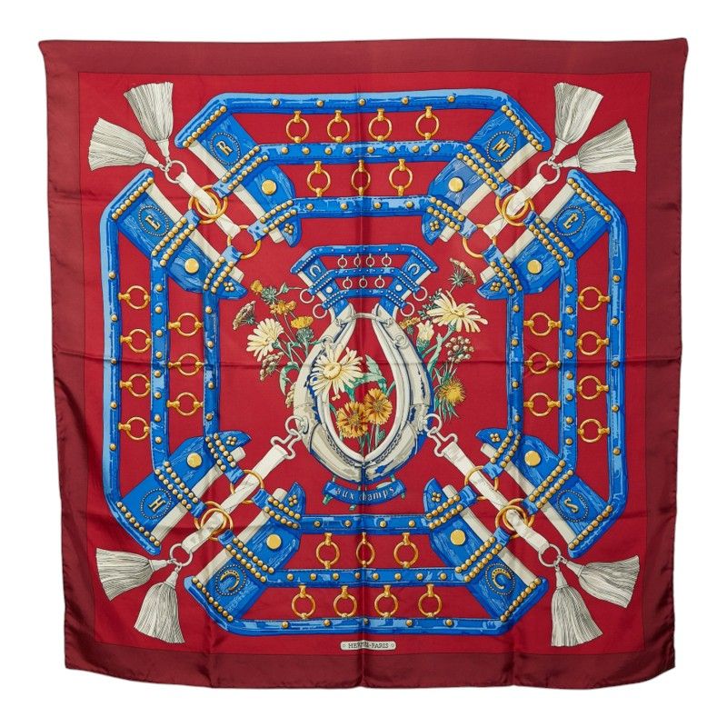 Hermes Carre 90 Aux Champs Field Scarf Large Red Multicolor Silk