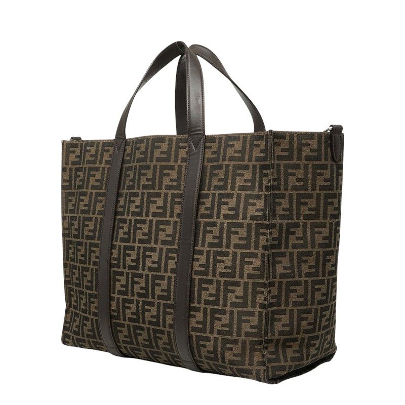 Fendi FF Logo Zucca Pattern Tote Shoulder Bag Brown Leather Jacquard — view 2