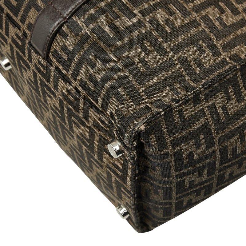 Fendi FF Logo Zucca Pattern Tote Shoulder Bag Brown Leather Jacquard — view 4