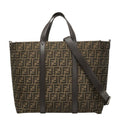 Fendi FF Logo Zucca Pattern Tote Shoulder Bag Brown Leather Jacquard