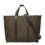 Fendi FF Logo Zucca Pattern Tote Shoulder Bag Brown Leather Jacquard