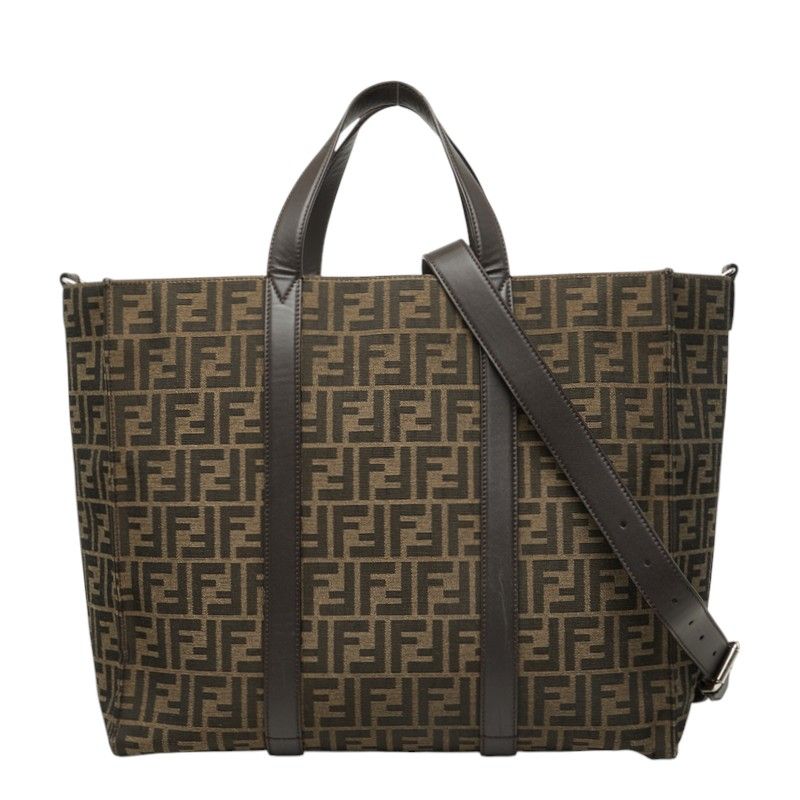 Fendi FF Logo Zucca Pattern Tote Shoulder Bag Brown Leather Jacquard