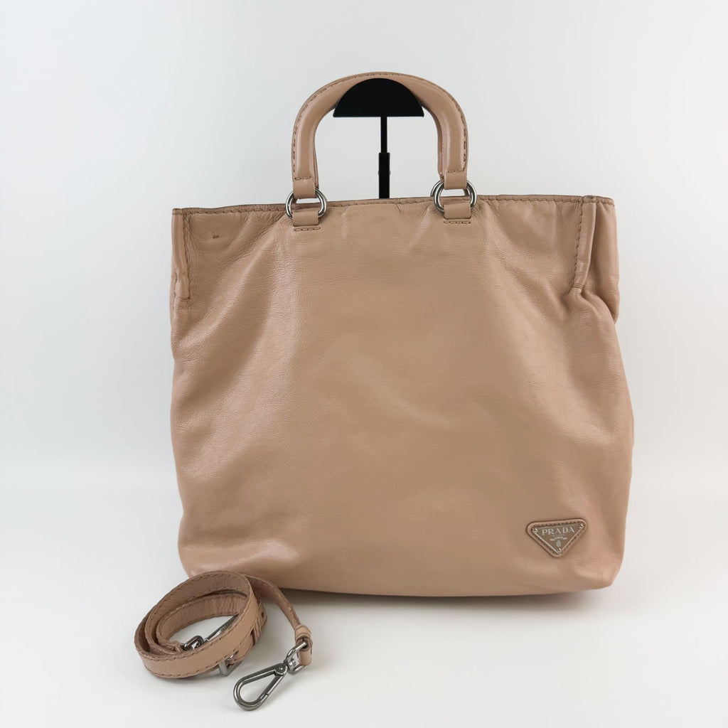 Prada Triangle Logo Soft Leather 2-Way Shoulder Bag Pink Beige Vintage