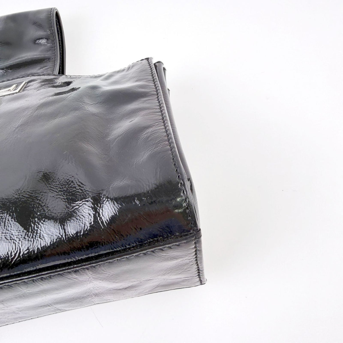 Chanel Turnlock One Handle Mini 2.55 Handbag Patent Leather Black Silver Seal — view 8
