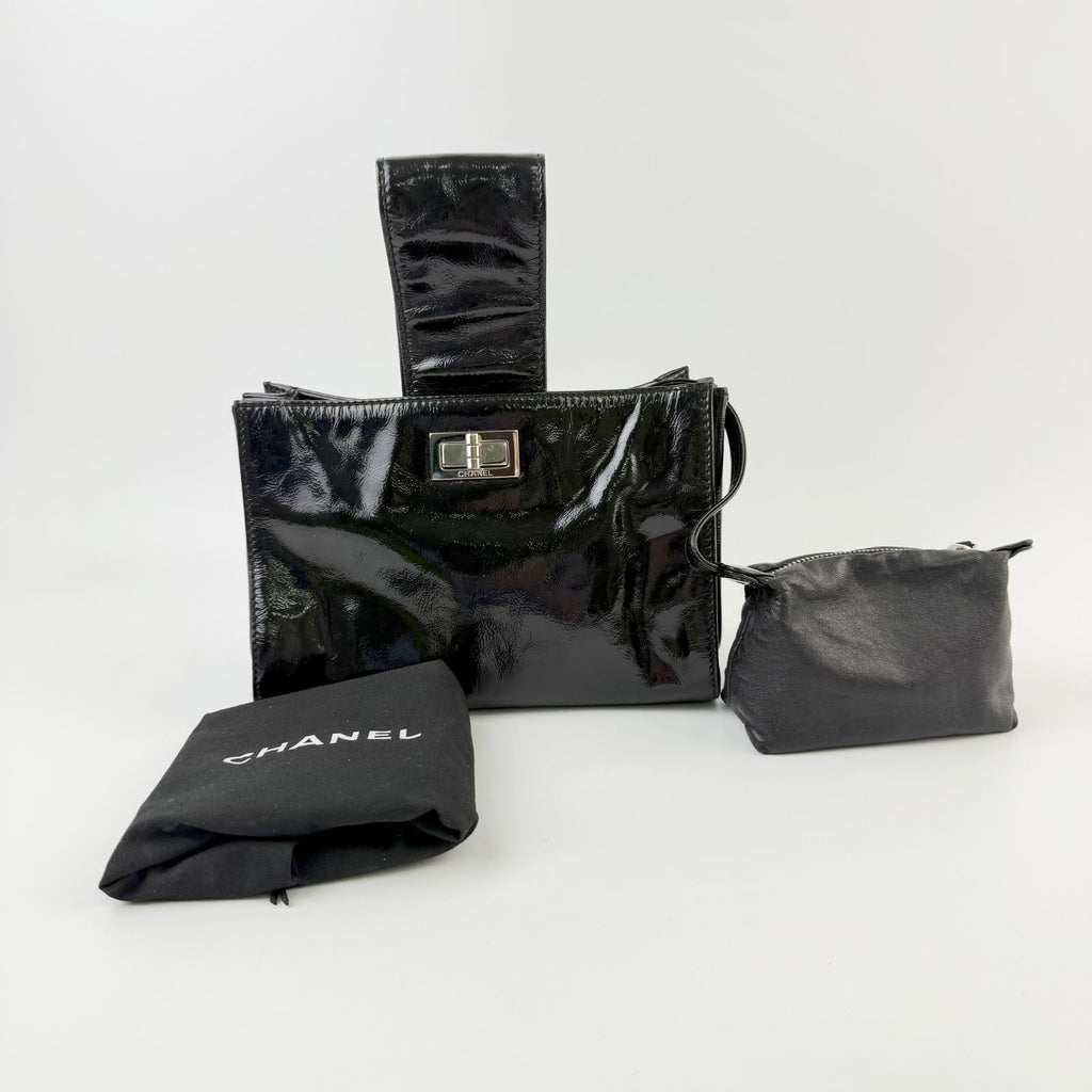 Chanel Turnlock One Handle Mini 2.55 Handbag Patent Leather Black Silver Seal