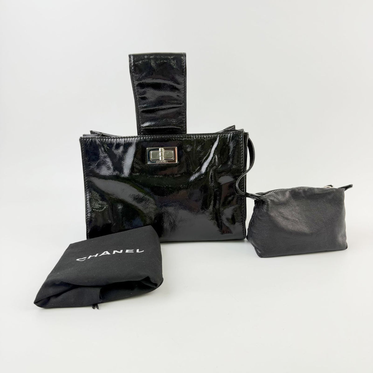 Chanel Turnlock One Handle Mini 2.55 Handbag Patent Leather Black Silver Seal